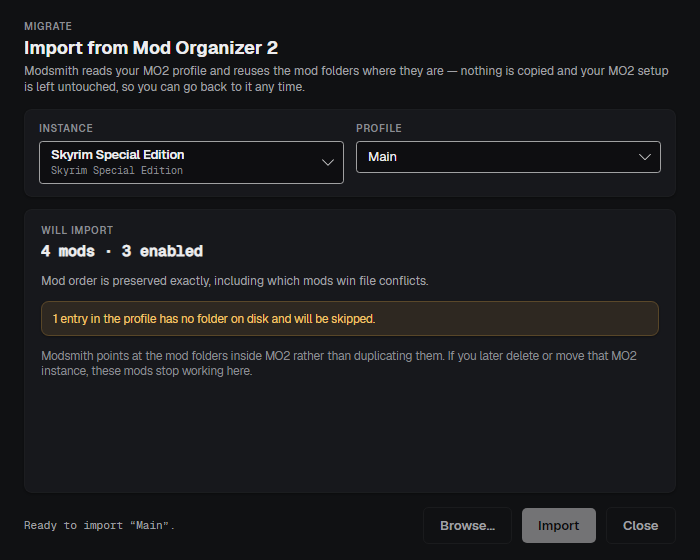 The Mod Organizer 2 import window: a detected instance, its profiles, and the count of mods that will be registered.