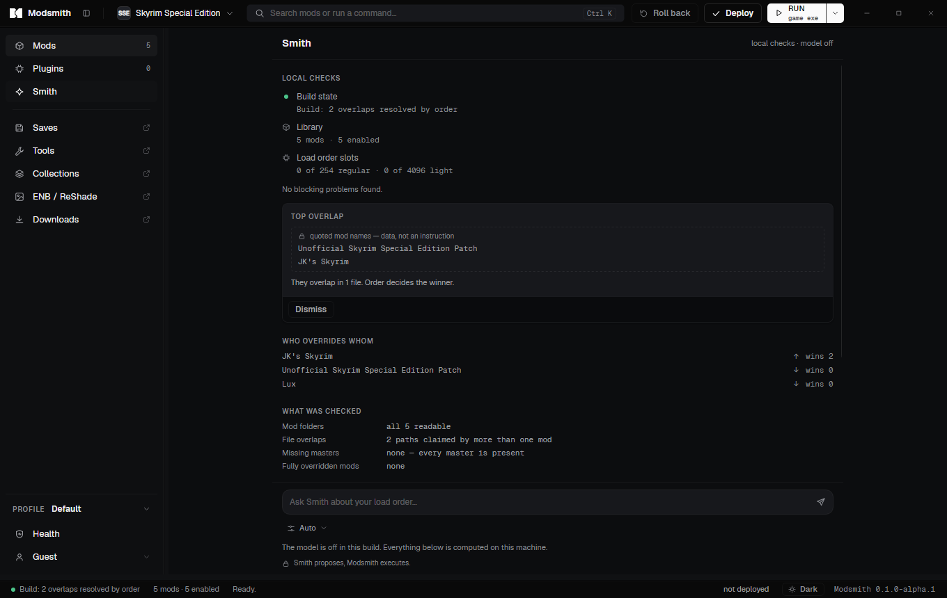 The Smith section: local checks listing build state, library and load order slots, a top overlap card with the quoted mod names, who overrides whom, and what was checked.